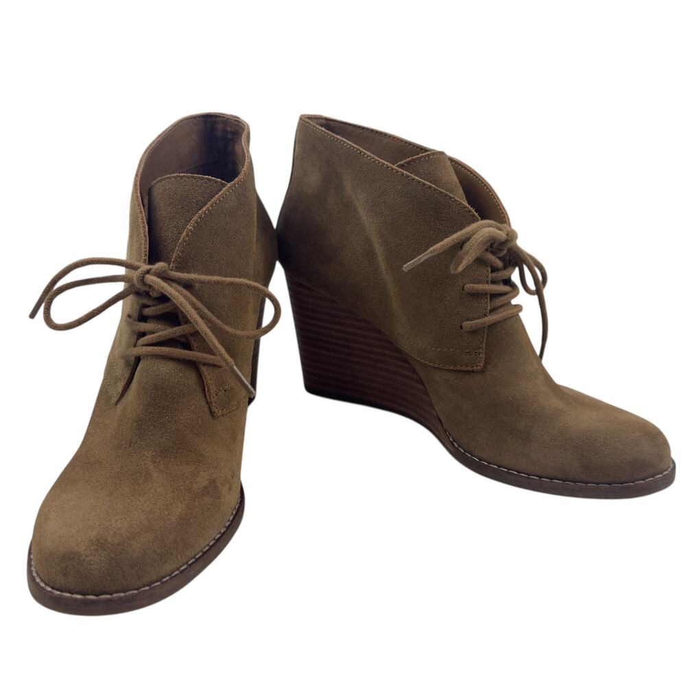 Lucky Brand Yamene Camel Suede Leather Wedge Lace Up Booties Women's Size 8.5